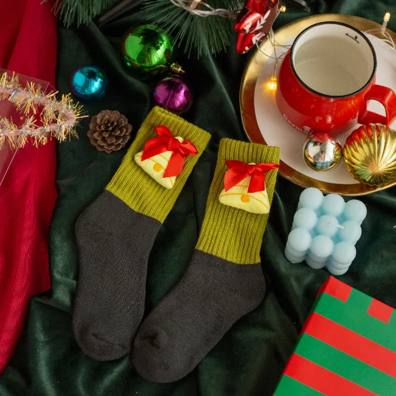 Jingwen OEM Calcetines Navidenos Winter Terry Christmas Baby Socks With Ribbons