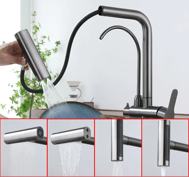 2024 New designed 4 function pull out waterfall faucet with purifier water ss304 material  kitchen faucet