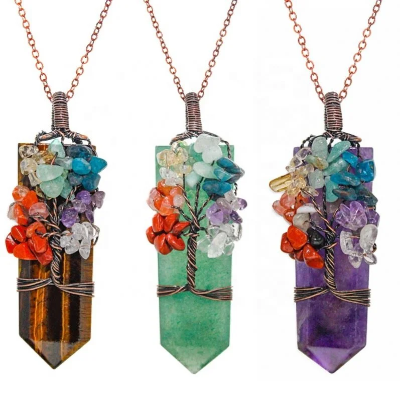 7 Chakra Tree of Life Necklace Bronze Wire Wrapped Natural Amethyst Pointed Pendant Sword Stone Jewelry for Women