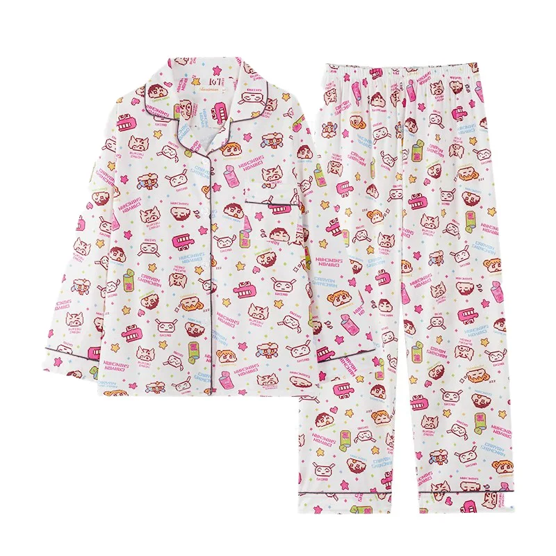 Cozy Cartoon Matching Pajama Sets Pyjamas Crayon Shin Chan Breathable Milk Silk Long Sleeve Lovely Loungewear Women Sleepwear