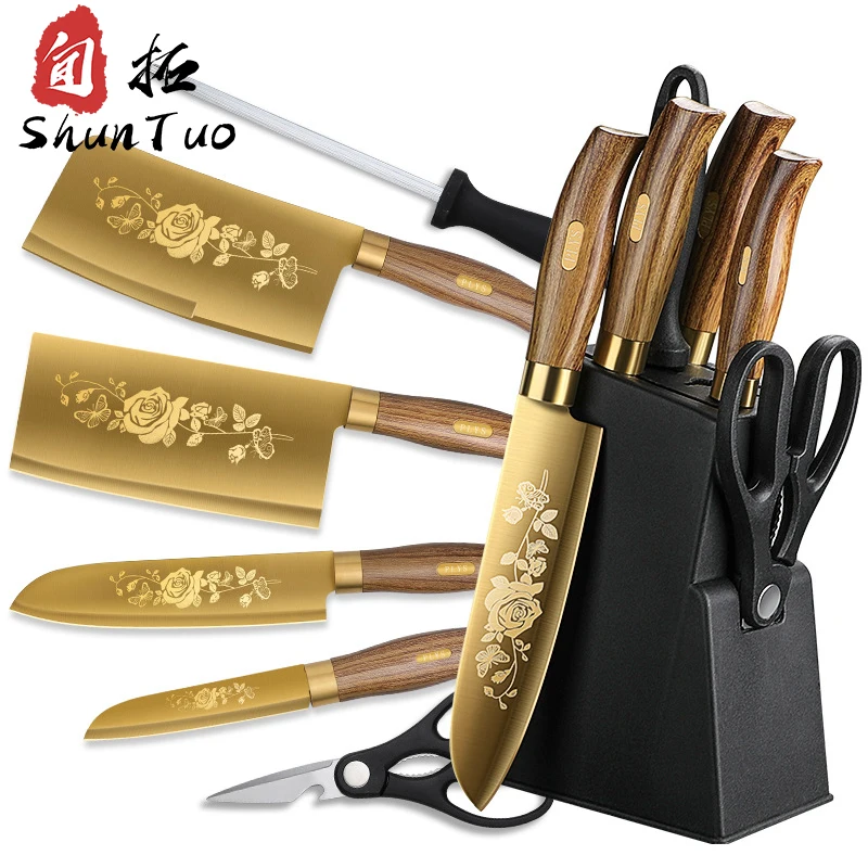 chines wooden handle d2 kitchen steel plastic chef 4- piece knife set with magnetic wooden acacia wood block stand