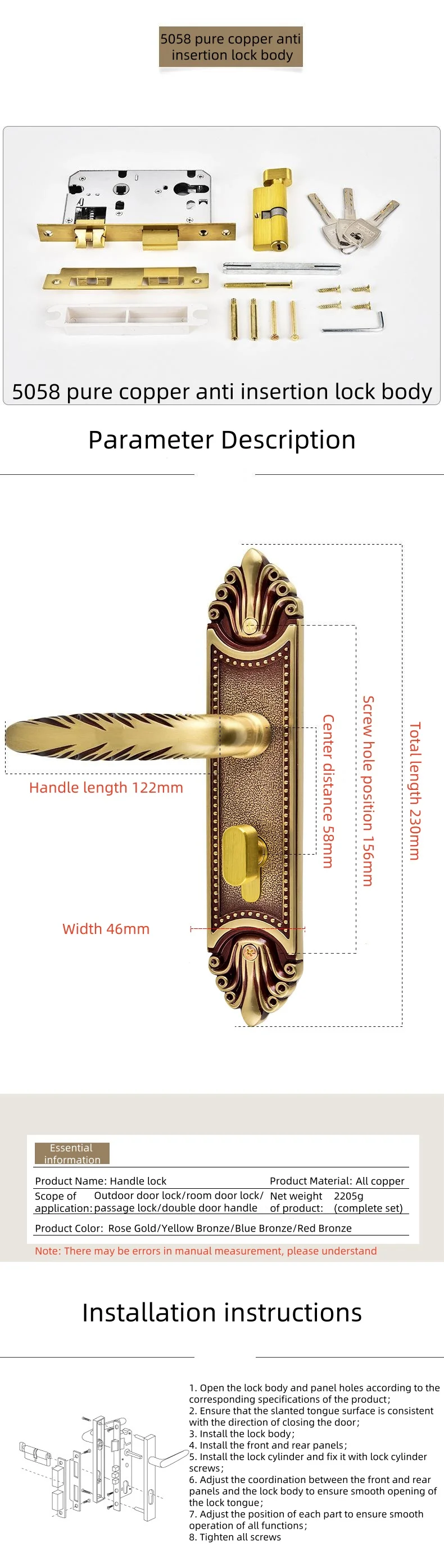 Global durable solid brass copper gold door handle for wooden doors