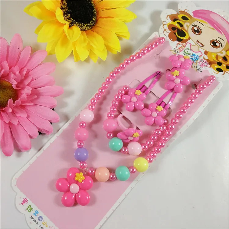 Kids girls pearl beaded necklace ring wholesale jewelry sets 5 PCS cute fashion princess jewelry
