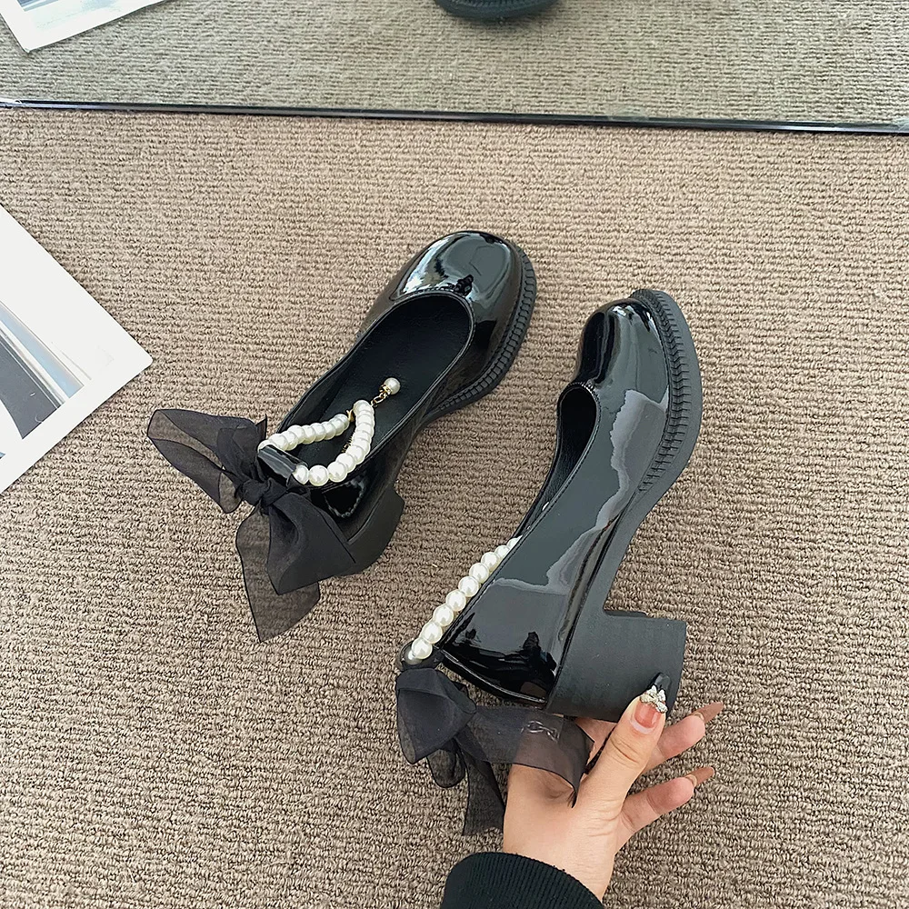 Round Head Square Chunky Thick Platform Crystal Pearl Jewellery Chain Ribbon Butterfly Bowknot Latest Design Mary Jane Shoes