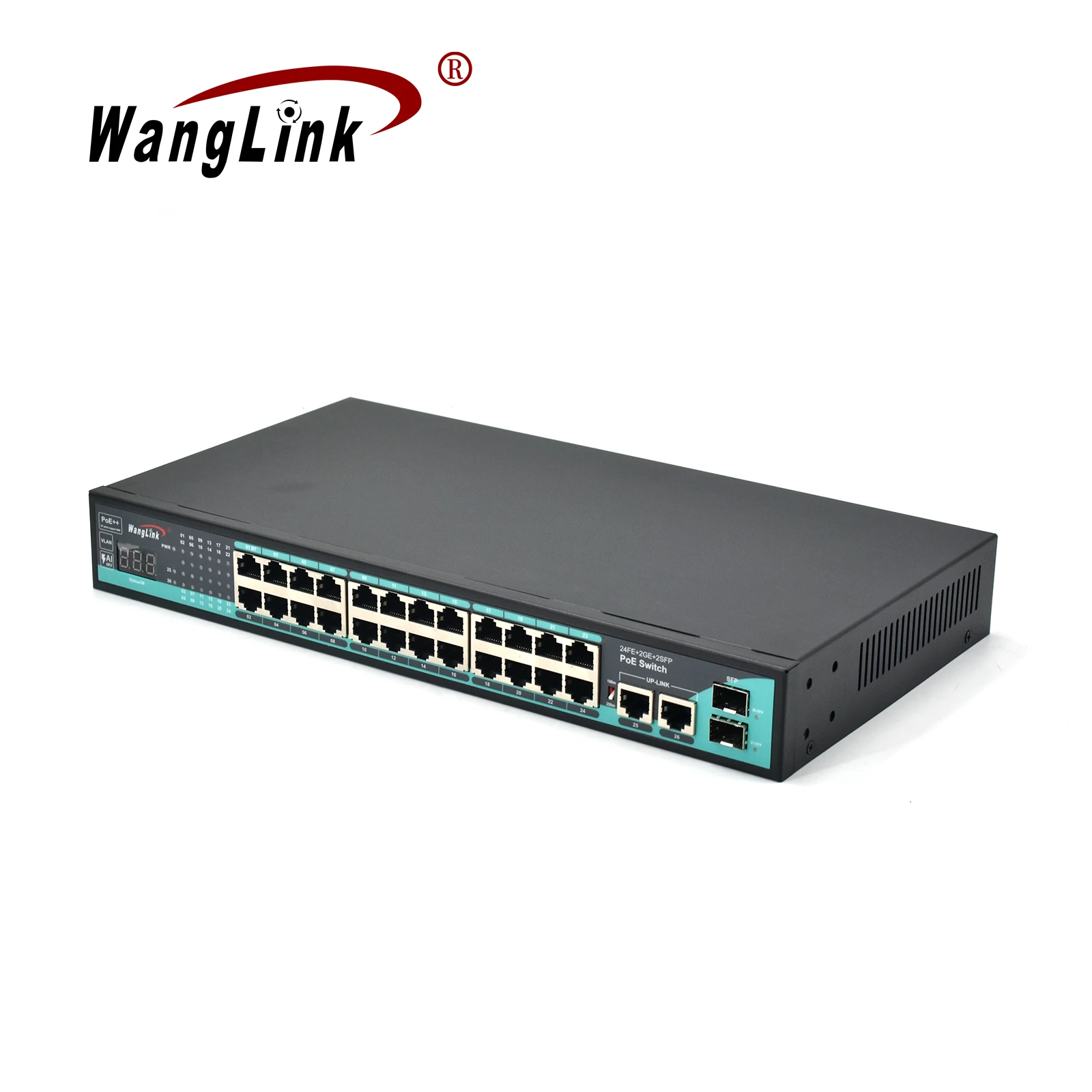 Wanglink PoE Ethernet Switch 24 10/100M PoE Ports 2 GE RJ45 Uplink 2 GE SFP Slot Switch PoE with VLAN and Digital Display