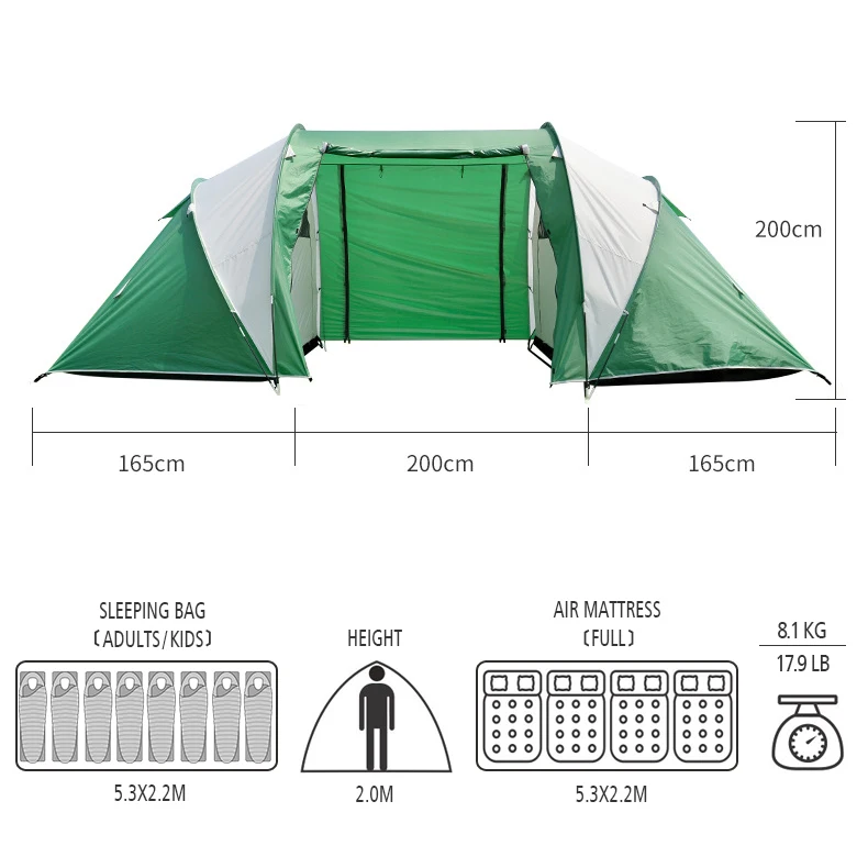 Glamping Tunnel Tent 3 Rooms Waterproof Large Family Outdoor Camping Tents