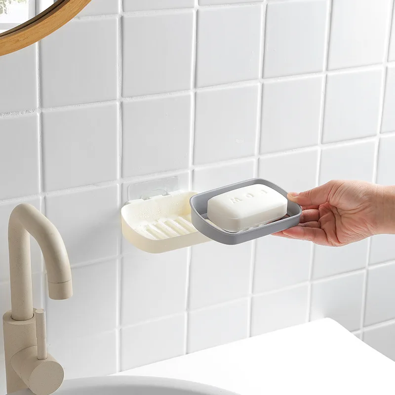 HelloWorld Soap Holder Suction Cup Soap Dish Drain Bathroom Storage Box Free Punching Plastic Wall Hanging Paste Tray Bathroom Accessories