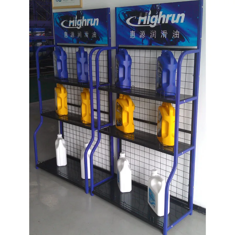 Eco-friendly multi tiers floor standing lubricants exhibition rack metal garage shop display shelf