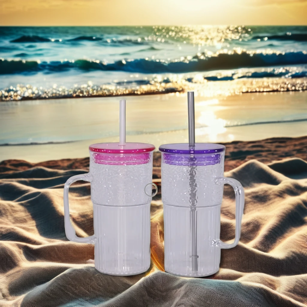 Wholesale Clear Drinking Cup Water Mug with Straw and Lid plastic Glass Tumbler Coffee Mugs Presents Glass Cup Strap handle