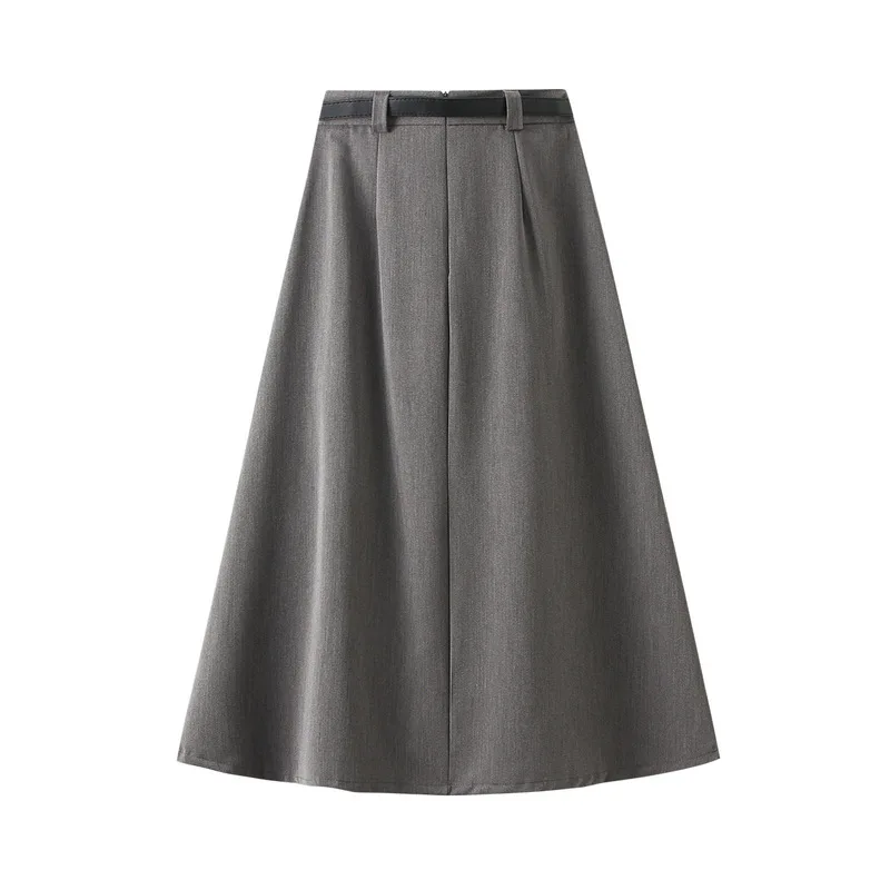 Office Ladies Suit A-line Skirts Long Midi Skirt with Belt Elegant Korean Fashion Slim Casual Women High Waist Pleated Black