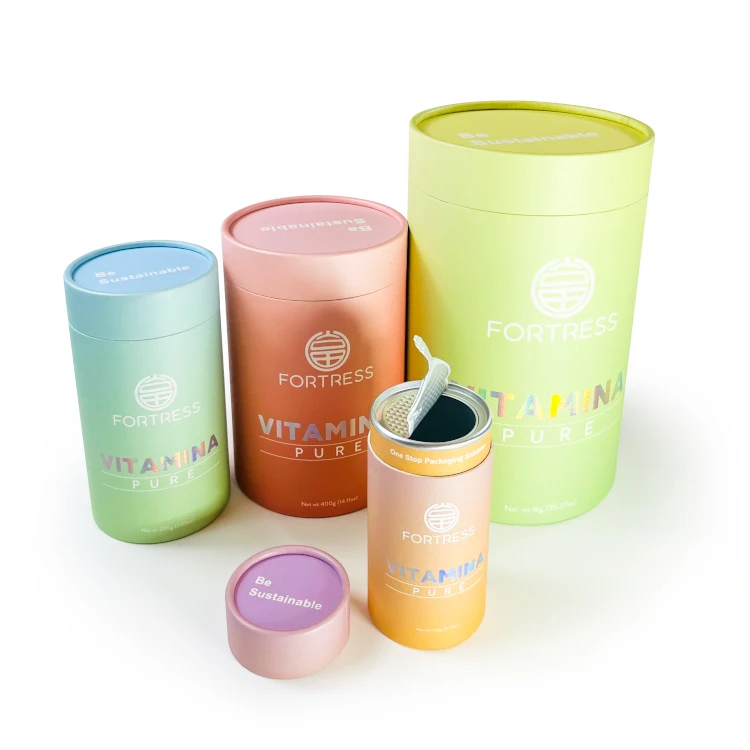 Custom eco-friendly food grade Powder Tin Lid Paper Tube Composite Can Packaging with easy tear lid