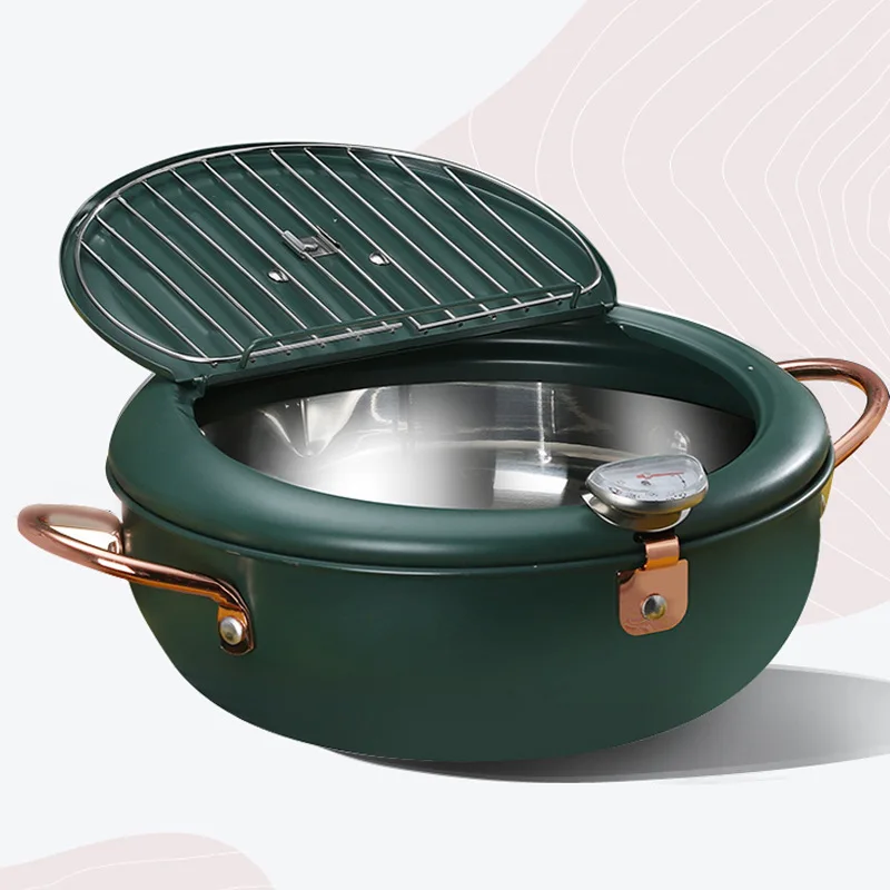 
304 SS Tempura Deep Fryer Pot With Thermometer And Oil Drip Rack Lid for Chicken French Fries Fish and Shrimp Oil Frying Pan 