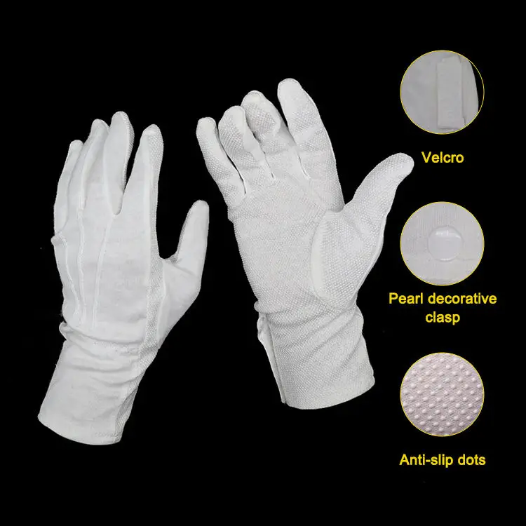 Extra Long Cuff Pvc Dotted Anti Slip Ceremony Dressing Parade White Cotton Gloves Malaysia With Magic Tape Pearl Buckle