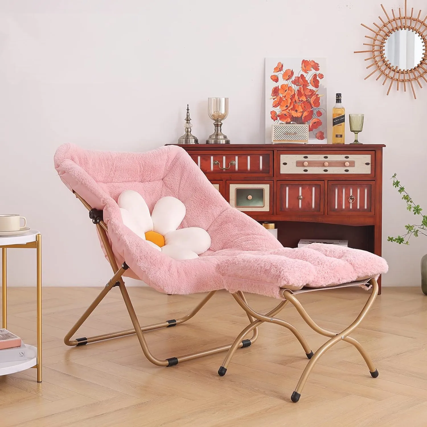 Soft Faux Fur Oversized Folding Accent Lounge Lazy Moon Chairs Living Room Garden Courtyard Modern Saucer Chair with Ottoman