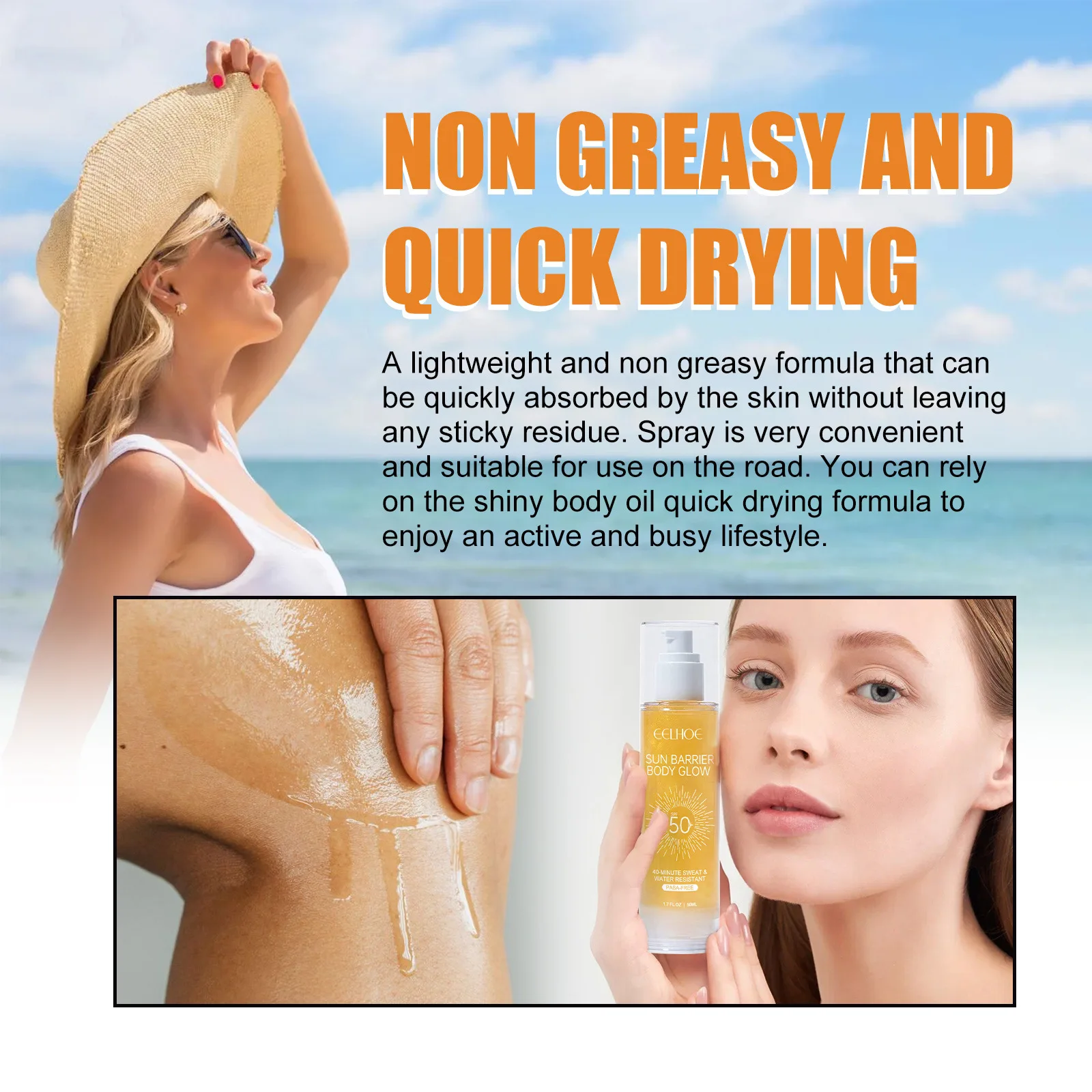 Private Label Daily Spf 50 UV Protection Ultra Hydrating Glowing Coconut Shimmer Oil with SPF50 Skin Sunscreen Body Glow Oil