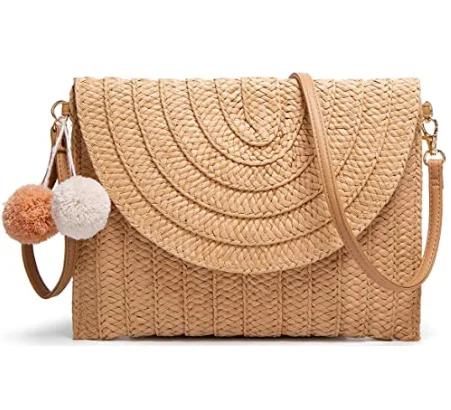 Best Selling Fashion Pompom Straw Clutch Women Handmade Straw Crossbody Bag Summer Beach Envelope Purse Wallet