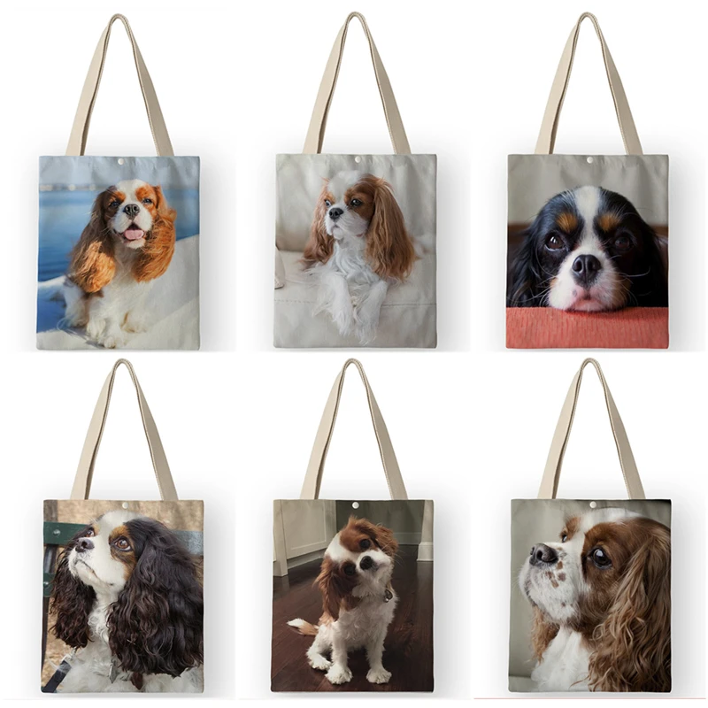 Cute King Charles Spaniel Print Casual Shoulder Bag Women Handbags Cute Puppy Dog Prints Canvas Tote Bags Large Capacity