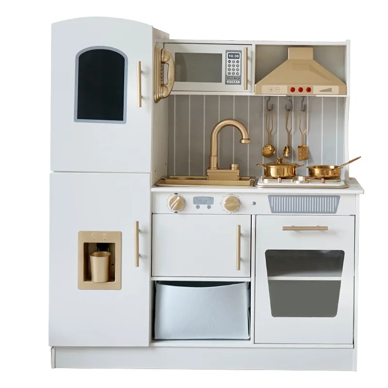 High quality sound and light role play wooden golden light atmosphere simulated white kitchen cooking toys for girl and boy