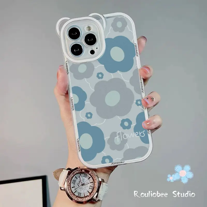 Blue Flower Bear lens Bracelet  Tpu Phone Case for iPhone 14 13  Anti-drop Phone Case For 12 13Pro