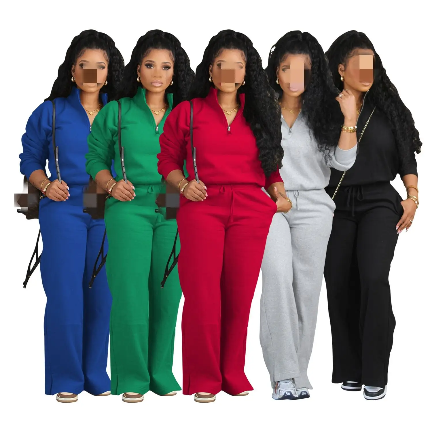 J&H Latest Casual Solid Color Zipper Two Piece Pants Set F Or Women Sehe Fashion