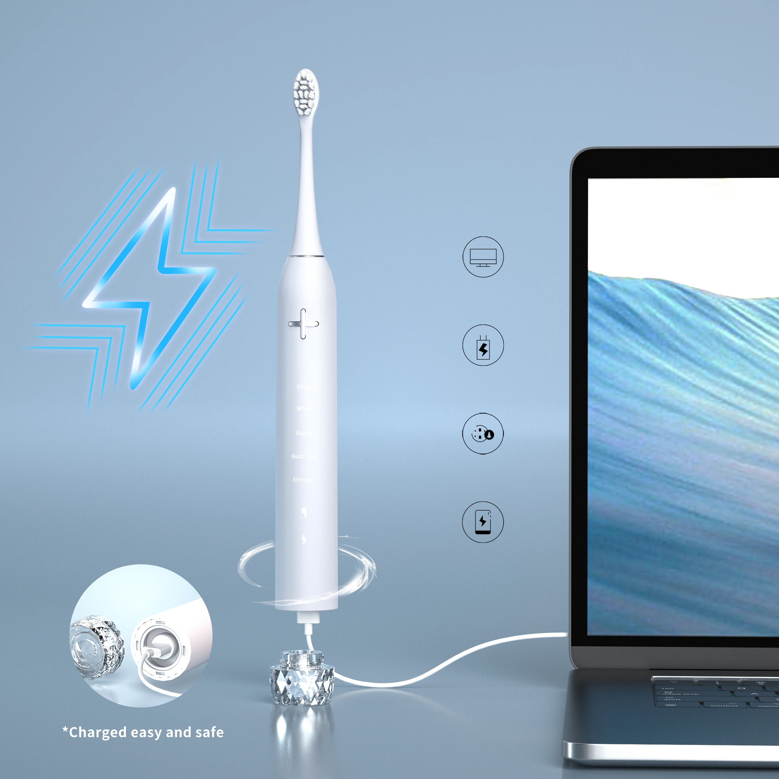 Перезаряжаемая отбеливающая звуковая электрическая зубная щетка типа C фирменная мягкая щетина Dupont OEM оптом