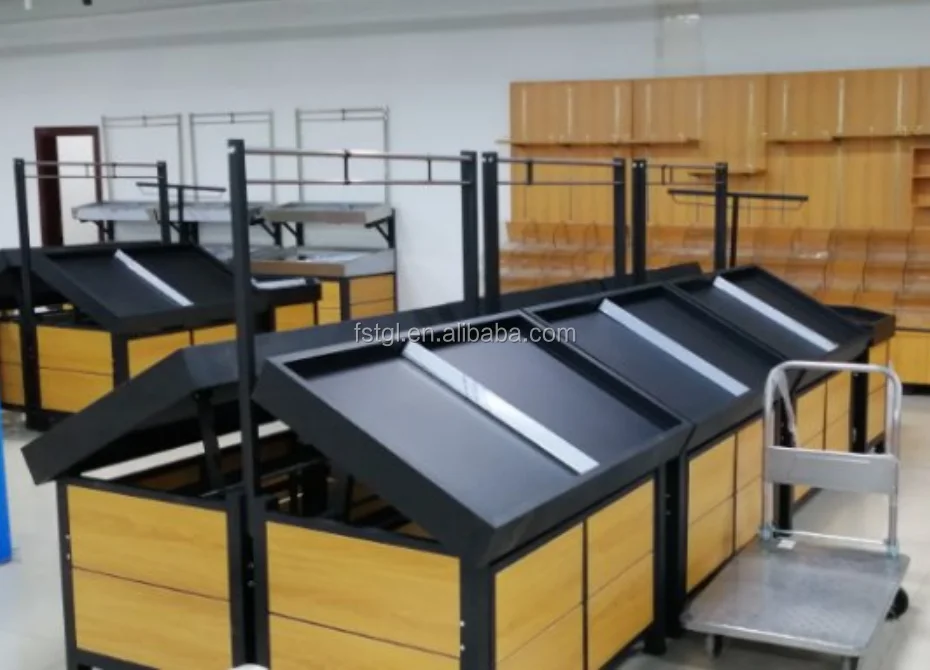 Shelves Supermarket Store Fruits and Vegetable Display Super Market Wooden Fruit Vegetable Display Rack Case Duty Wood Heavy