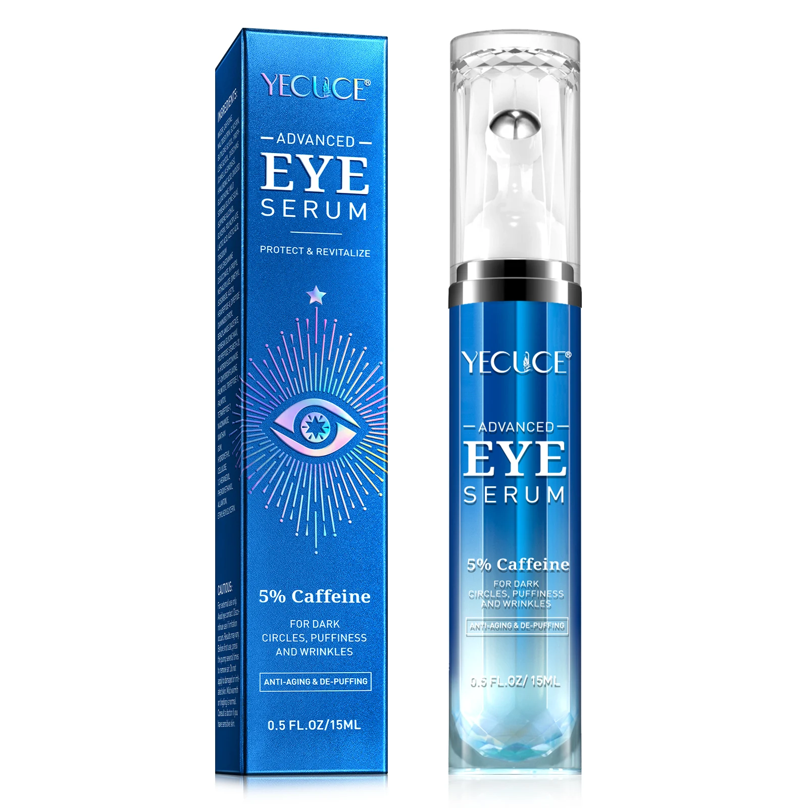 YECUCE hyaluronic acid anti aging eye contour serum roller 360 eye wrinkle lift serum retinol caffeine under eye lash serum