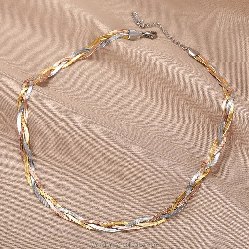 Gold Rose Gold Platinum Herringbone Chain Braid Choker Chain Necklace 38cm For Women