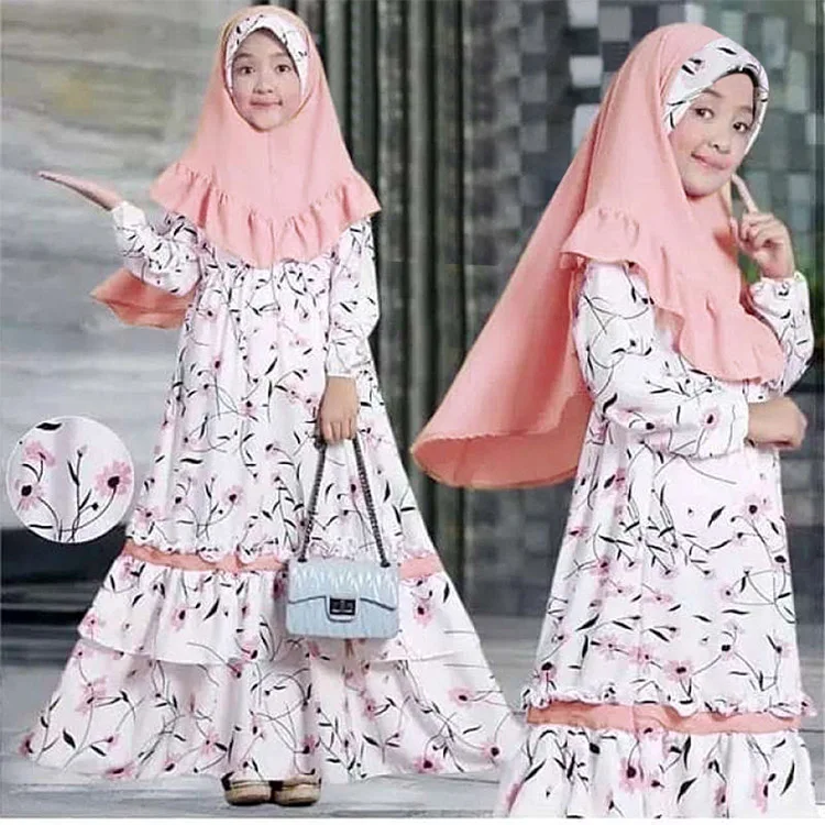 Best Quality 2023 Promotion Hijab Dress Muslim Islamic Clothing Floral Printed Khimar Abaya 2 Piece Kids Abaya For Girl
