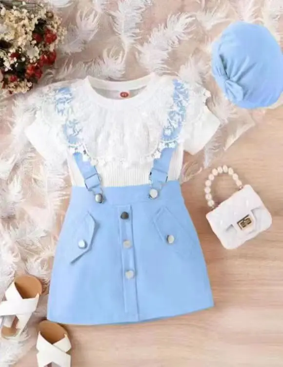 Summer Casual Children Clothes Girls Outfit Set Lace Short Sleeve T Shirt Suspender Skirt Hat 3Pcs Kids Fashion Clothing