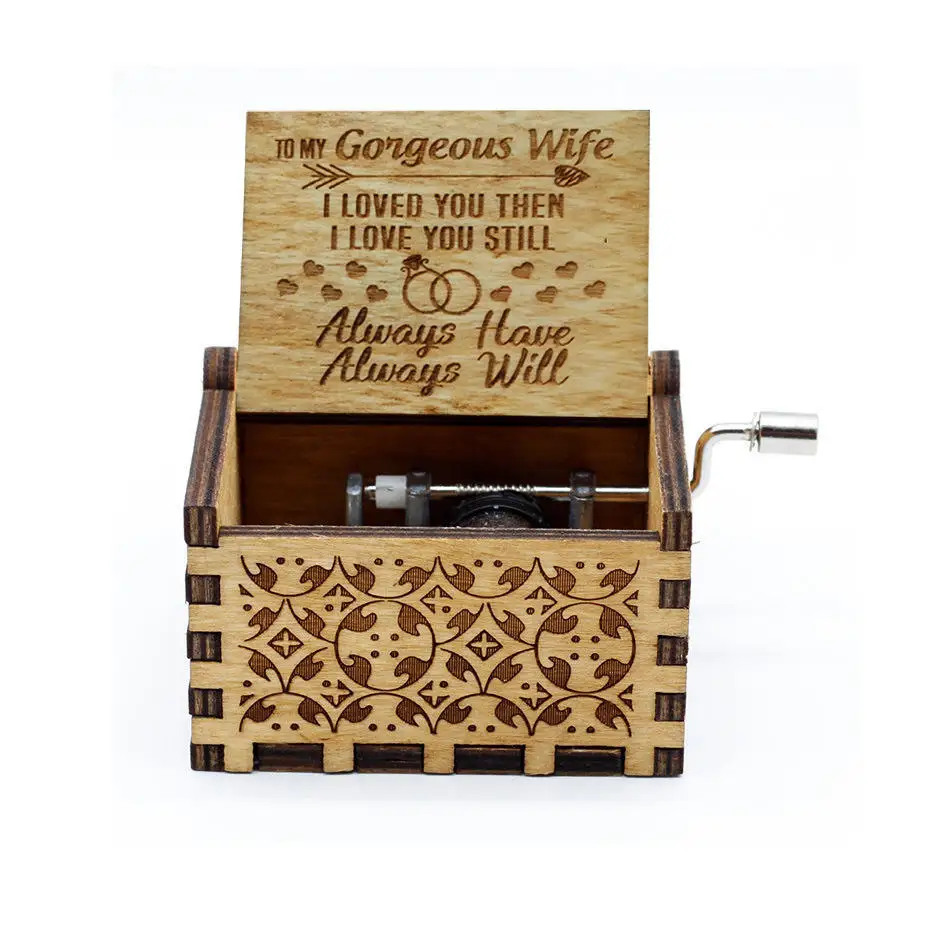 Personalized Natural 50 Tunes Movement Custom Mini Laser Engraved Hand Crank Wooden Musical Boxes