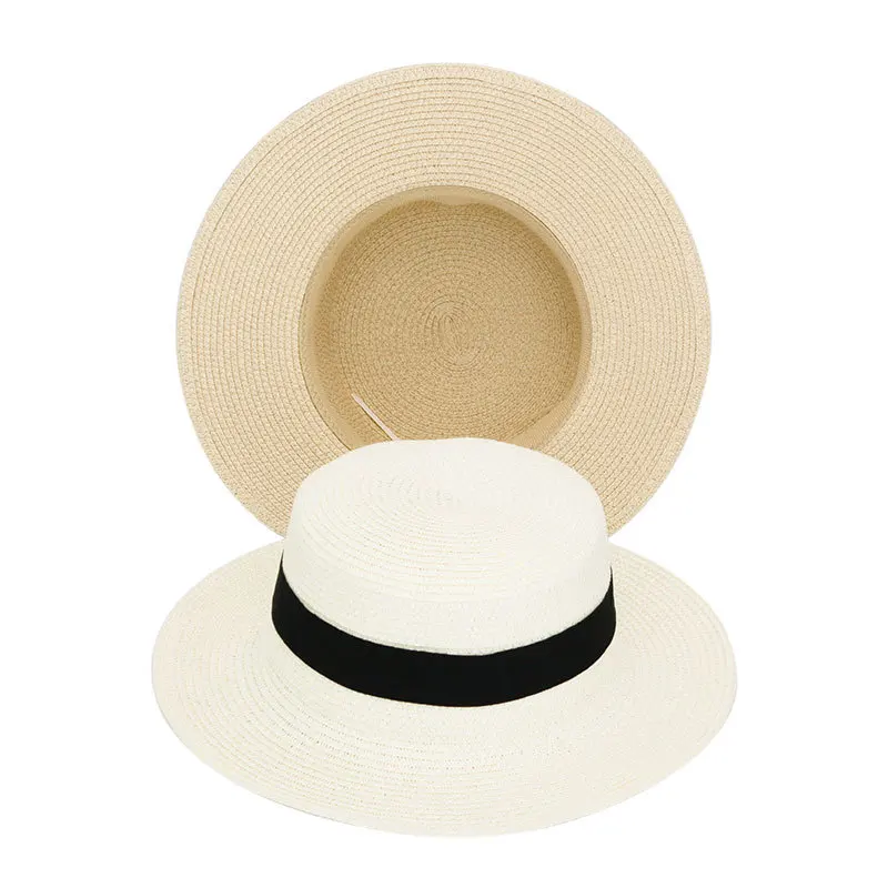 HT-2183 Custom Square Buckle Round Top Panamanian Straw Flat Top Hat Summer Tourism Sunshade Large Brim Fisherman hats