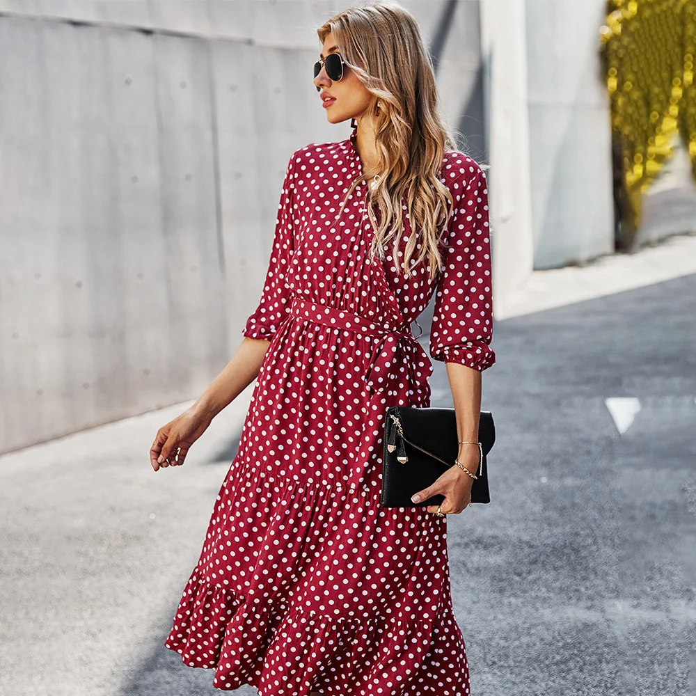 Chinese clothes supplier 100% polyester polka dots print ruffled v neck tiered gather big hem A line casual maxi dresses