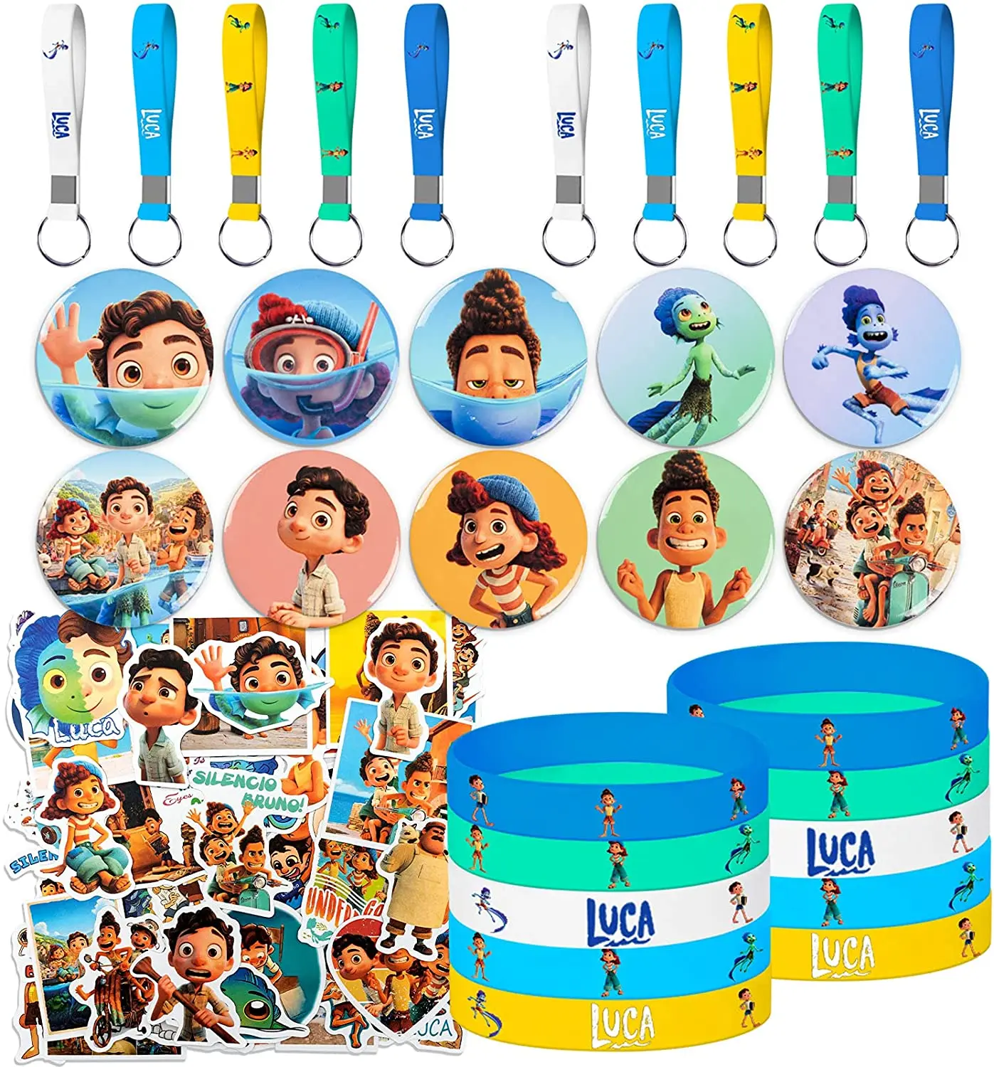 Товары Luca для дня рождения, сувениры для вечеринки, 80 шт., 10 браслетов, 10 кнопок, 10 брелоков, 50 наклеек для детей