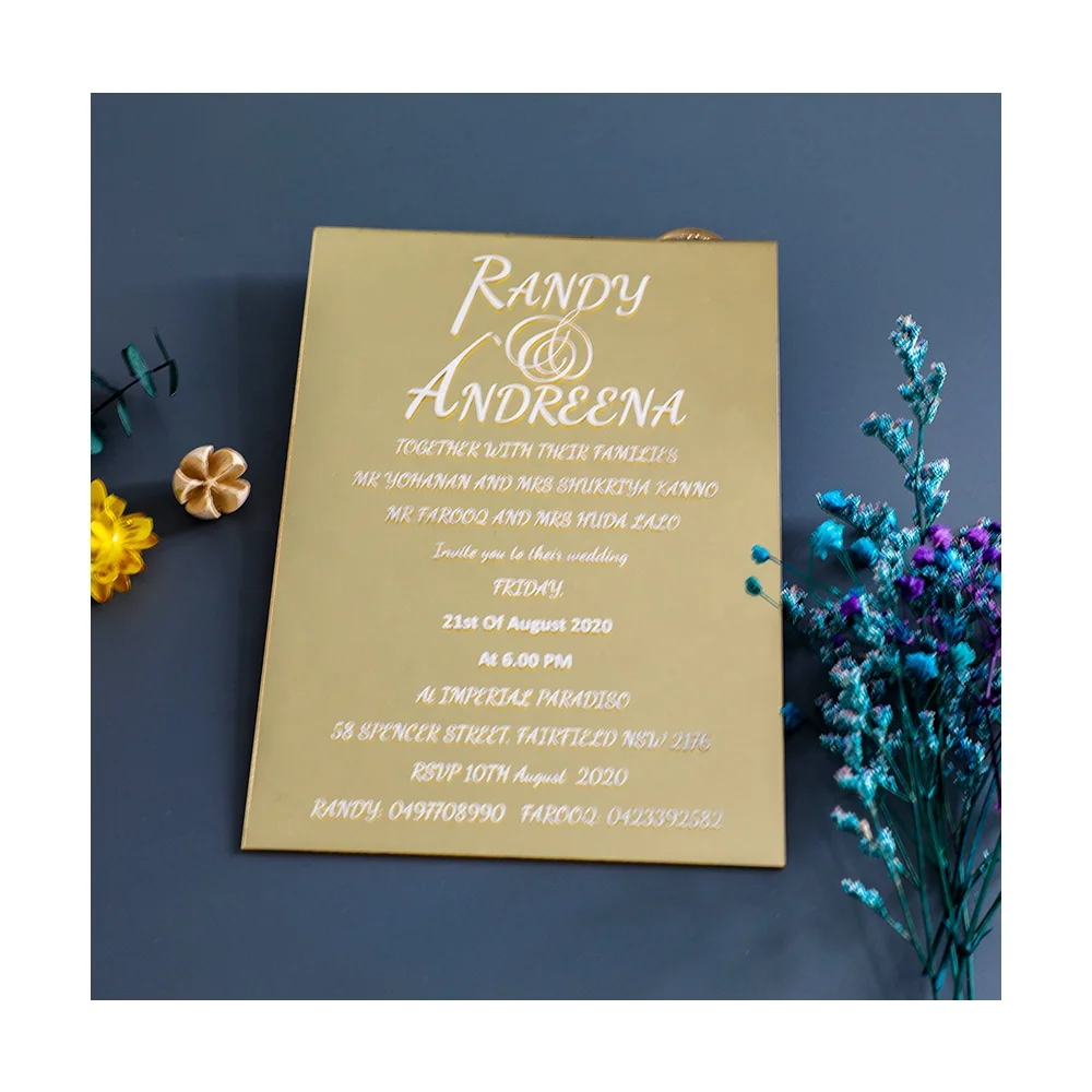 Manufacturer High Grade Clear Gold Mirror Yellow Marriage Wedding Invitation Card In Acrylic