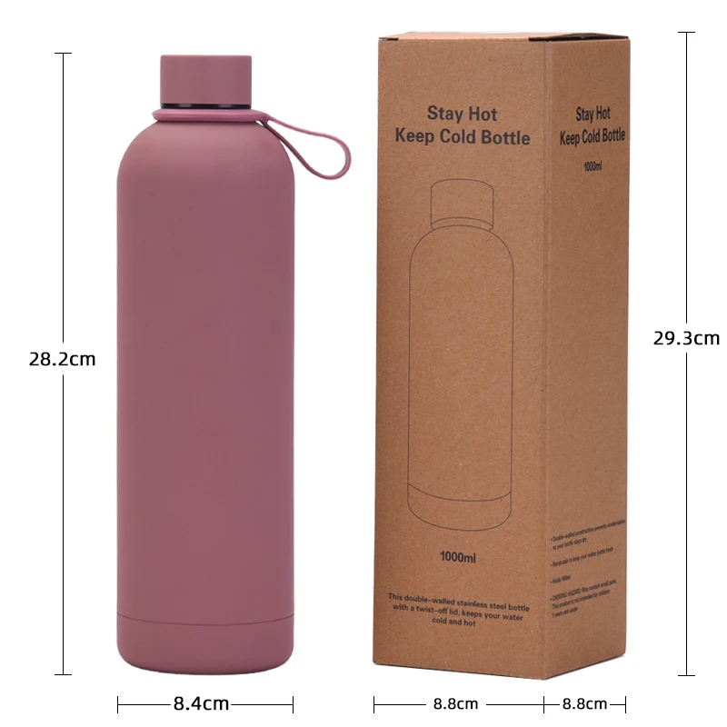Large Capacity 1000ml Double Wall Stainless Steel Vacuum Bottle with Portable Silicone Lifting Ring in Comfortable Rubber Paint
