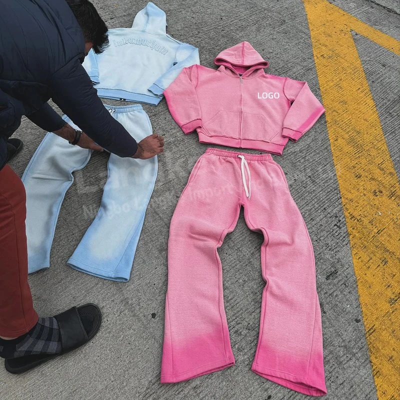 Streetwear High Quality Design Acid Wash Zip Up Baggy Blank Fleece Cotton Flared Custom Tracksuits