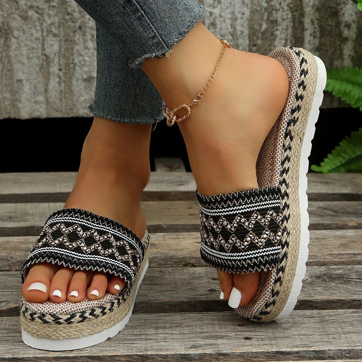 PDEP 2023 new women sandals ethnic style  thick platform sole fish mouth hemp rope  slippers slide sandals for women and ladies