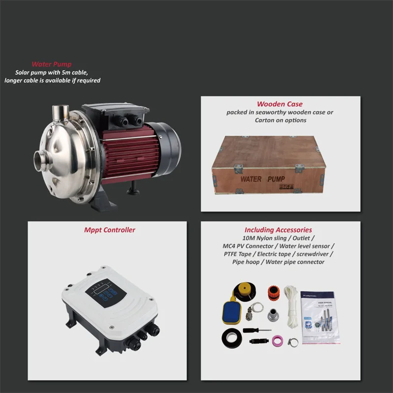 Pompe De High Flow Head 100 M3/H 24 Volt 48Vdc 1 Hp 2Hp 3Hp 3 Hp Dc 5Hp Surface Mppt Electric Solar Water Pump For Irrigation