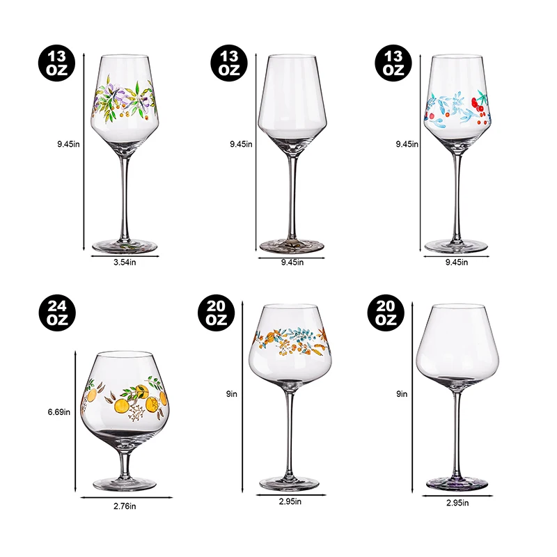 Artisan Painted Red Wine Glasses Flower Print Colored Wine Glassware Lead-Free Glass Goblet Stemware for Wedding Christmas Gift