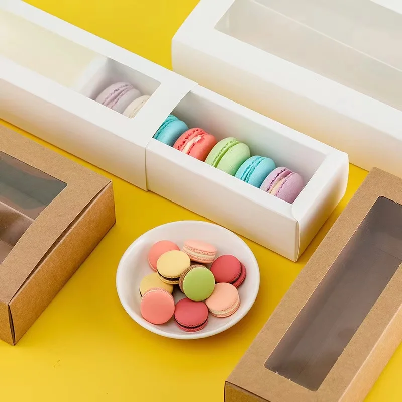 Wholesale Rectangular Macaron Cookie Box Donuts Dessert Food Bread Kraft Paper Transparent Window Paper Box Dessert Baking Box