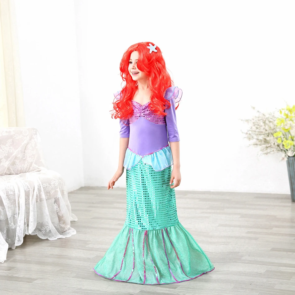 Girls Fancy Princess Ariel Party Dress up Halloween Little Mermaid Comic Con Cosplay Costume Children Carnival Role Play Dress