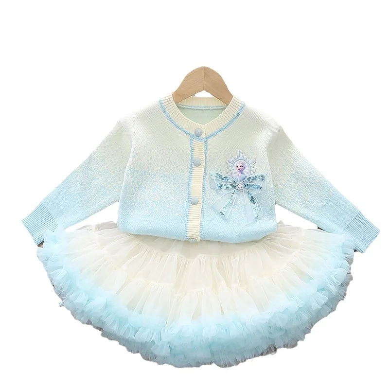 Girls Cotton pink Blue Sweater +tutk Skirt 2pcs Set Kids Long Sleeve Knit Top Clothing Sets