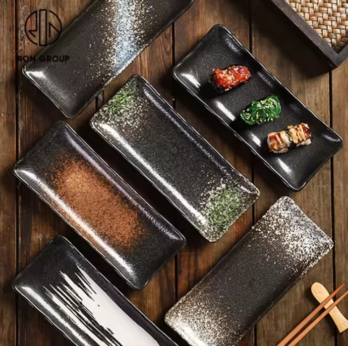 High Quality Luxury Porcelain Rectangular Sushi Tray Japanese Style Unique Color Sushi Restaurant Big Long Boat Ceramic Plates