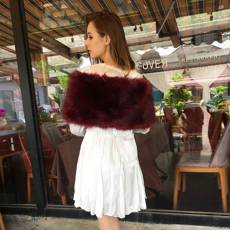 Fashion lady fake fur shawl fox cloak red faux fur shawl silk scarf tie