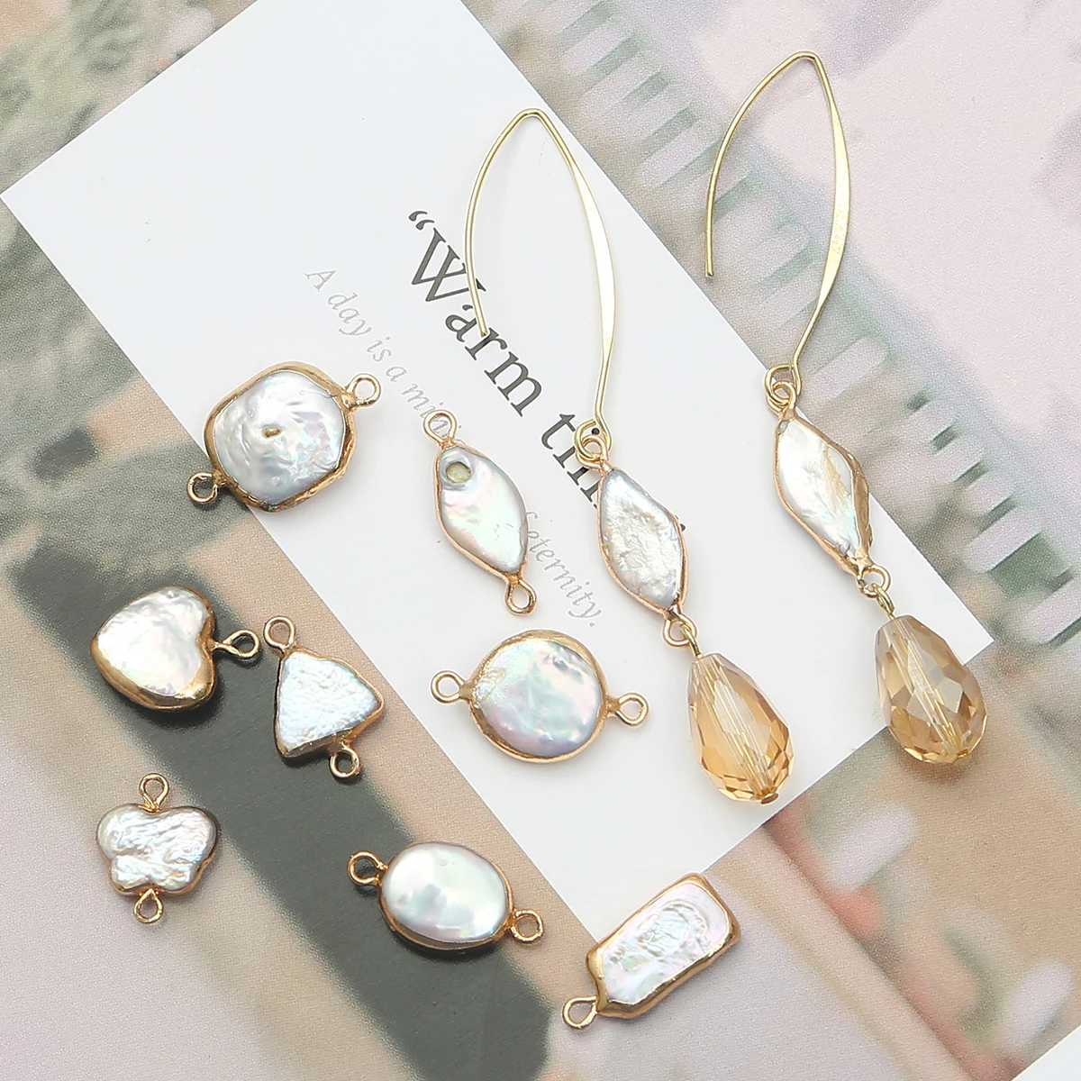 Wholesale Natural Freshwater Pearl Copper Clad Double Hanging Circular Jewelry Charms For DIY Bracelet Necklace Earring Making