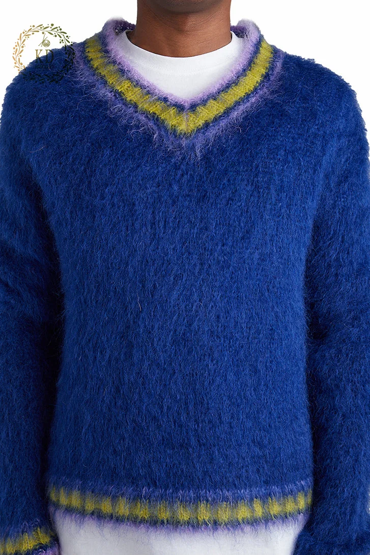 KD Knitwear Manufacturer OEM ODM Winter Knit Hairy Furry V-Neck Pullover Cricket Mixed Yarn Wool Mohair Men Sweater