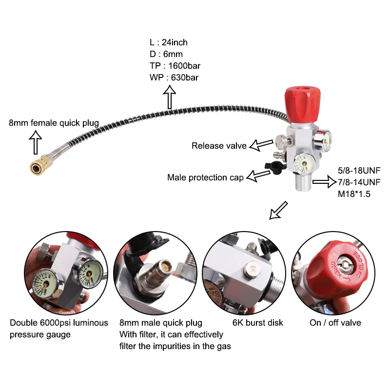 5/8-18UNF or M18*1.5 or 7/8-14UNF Paintball Fill Station Paintball Pcp air  Charging Valve Dual Gauge with 50cm Hose