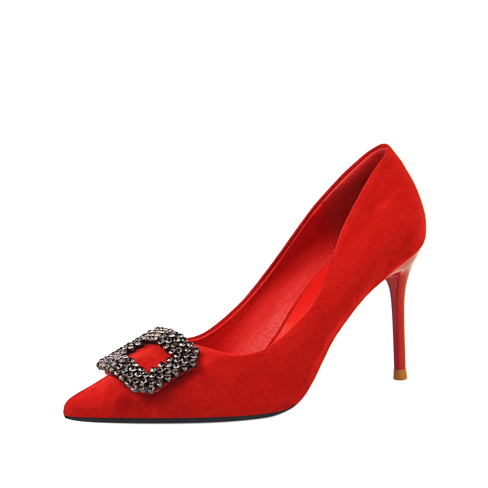 963-1 Женская обувь, свадебные туфли на высоком каблуке; Замшевые туфли с закрытым носком на тонком каблуке с острым носком, со стразами, с пряжкой, туфли на высоком каблуке