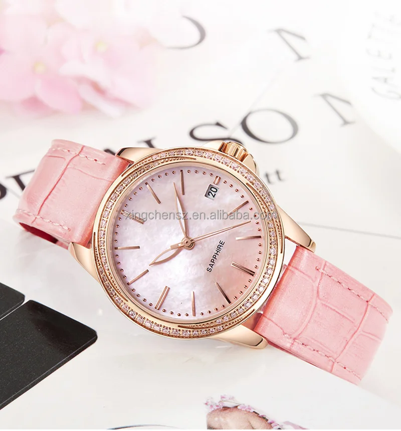 Strong luminous hands rose gold color pearl dial leather strap diamond  waterproof women quartz wrist watches